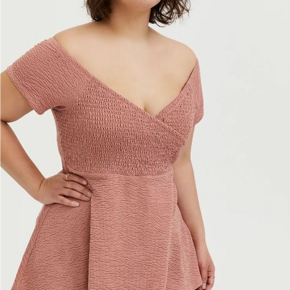 torrid Tops - DUSTY PINK TEXTURED SMOCKED OFF SHOULDER BABYDOLL